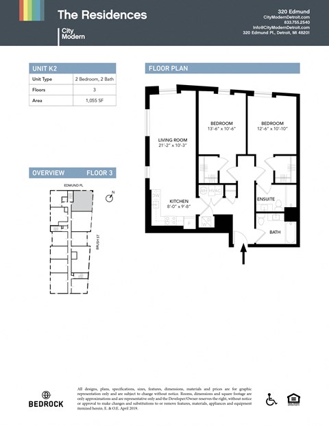 Floor plan for 2 beds, 2 baths, 1055 sqft